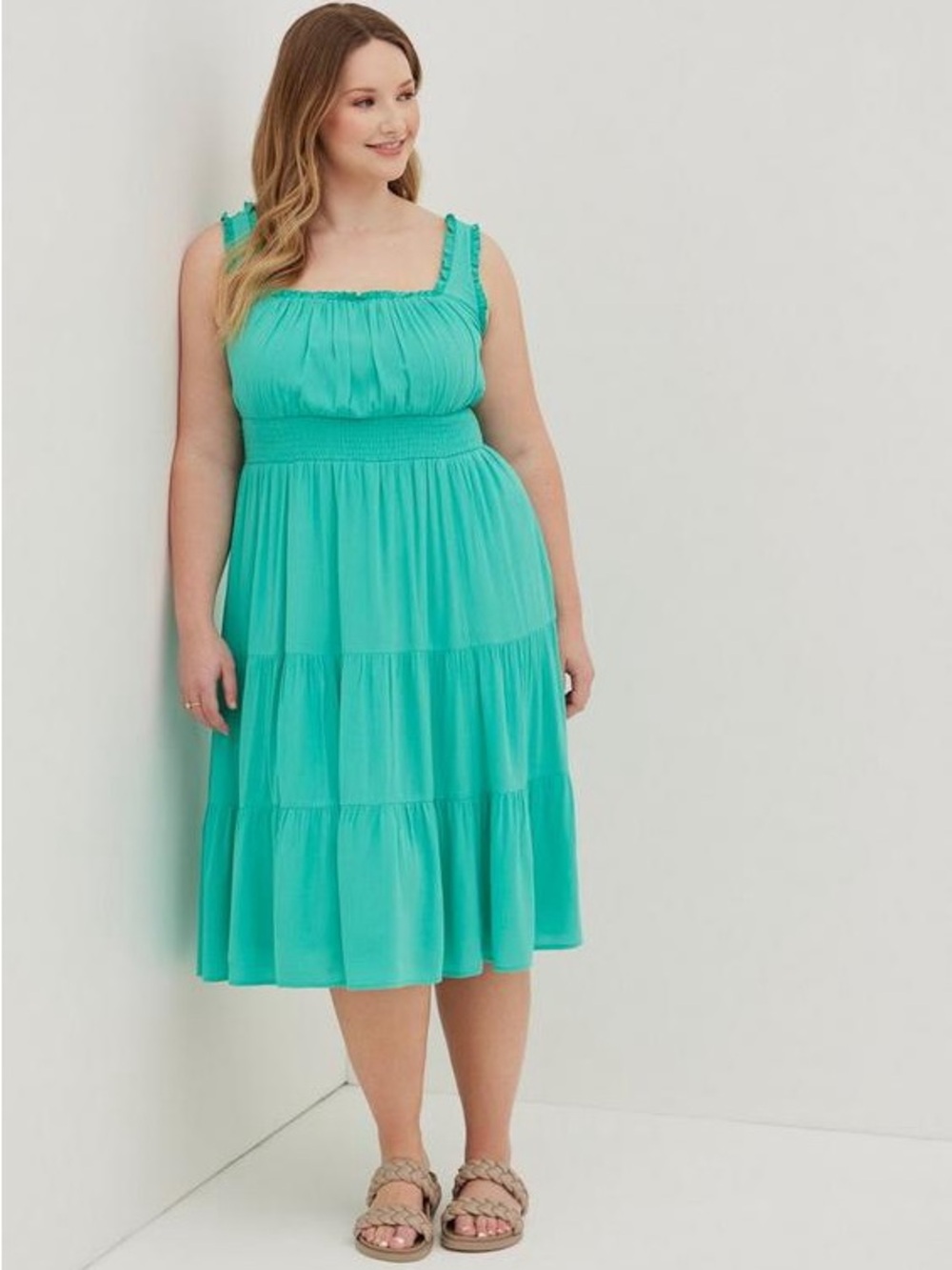 Torrid Smocked Waist Tiered Midi Dress - Crinkle Gauze Aqua Green Bright Blue
